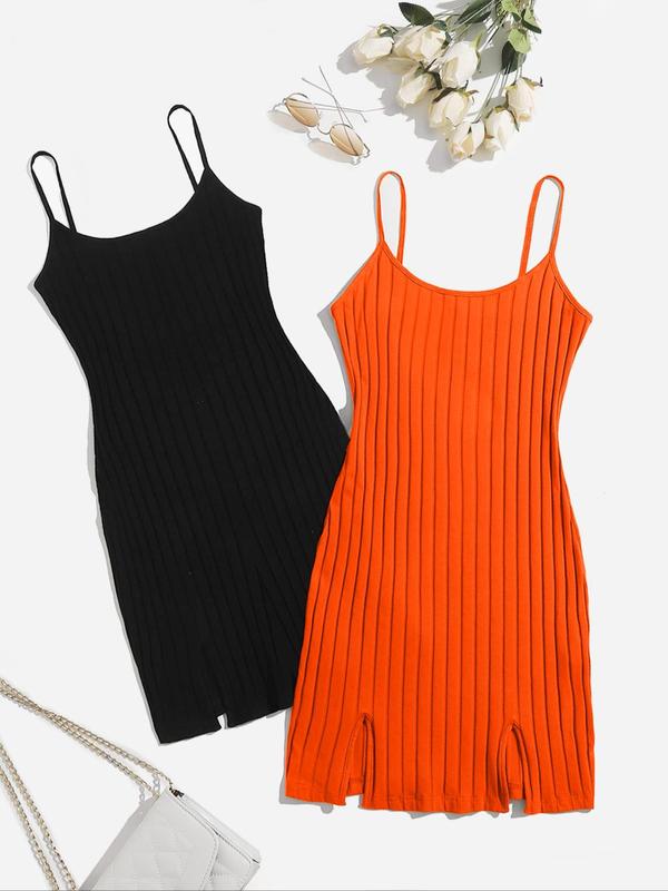 Women's Plain Split Cami Nightdress, Casual Sleeveless Rib Knit Cami Nightgown for Daily Home Wear, Summer Sleepwear Loungewear Set for Ladies