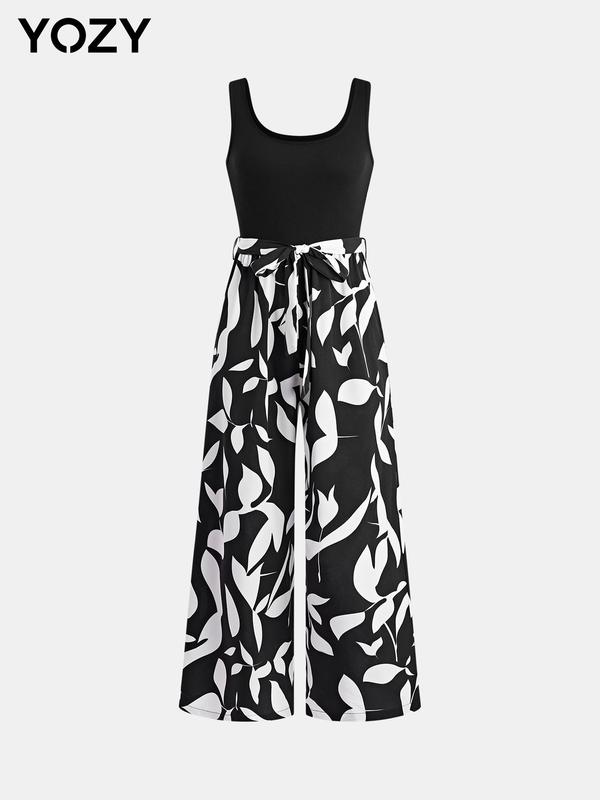 YOZY Christmas Deals, Leaf Patchwork Print Jumpsuit, Round Neck Knotted Belt Casual Wide Leg Tank Jumpsuit, 2024 Women's Daily Wear for Spring & Summe, Christmas 2024 Trend, Fall & Winter Clothes