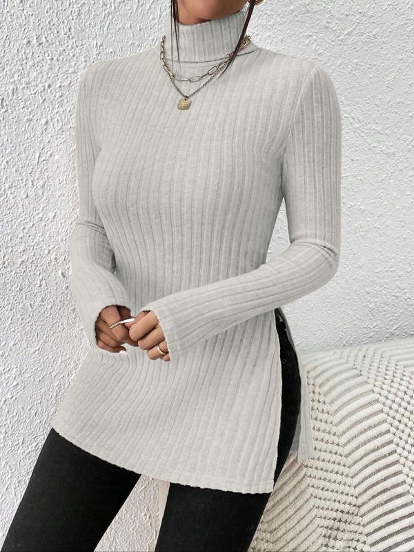 Women's Plain Split Hem High Neck Ribbed Tee, Elegant Fashion Casual Long Sleeve T-shirt for Daily Outdoor Wear, Women Clothing for All Seasons