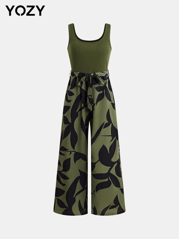 YOZY Christmas Deals, Leaf Patchwork Print Jumpsuit, Round Neck Knotted Belt Casual Wide Leg Tank Jumpsuit, 2024 Women's Daily Wear for Spring & Summe, Christmas 2024 Trend, Fall & Winter Clothes