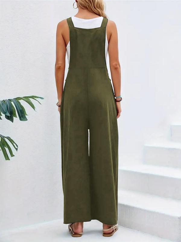 Women's Plicated Button Wide Leg Overalls Jumpsuit without Tank Top, Casual Pocket Square Neck Sleeveless Overalls Jumpsuit, Women's Jumpsuit