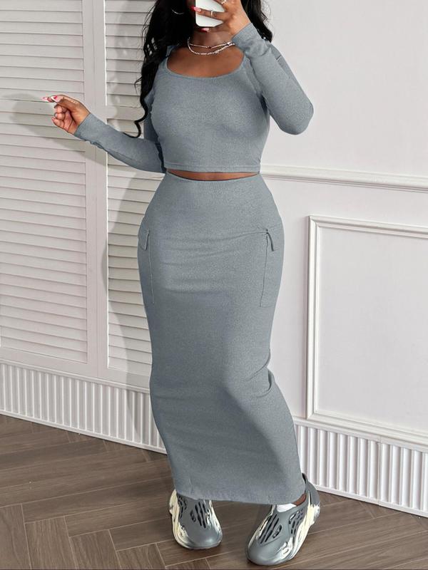 Women's Solid Ribbed Square Neck Crop Top & Split Hem Bodycon Skirt Two-piece Set, Two Piece Set Women, Casual Fashion Cozy Two Piece Outfits for Daily Outdoor Wear, Women Clothes for Fall & Winter