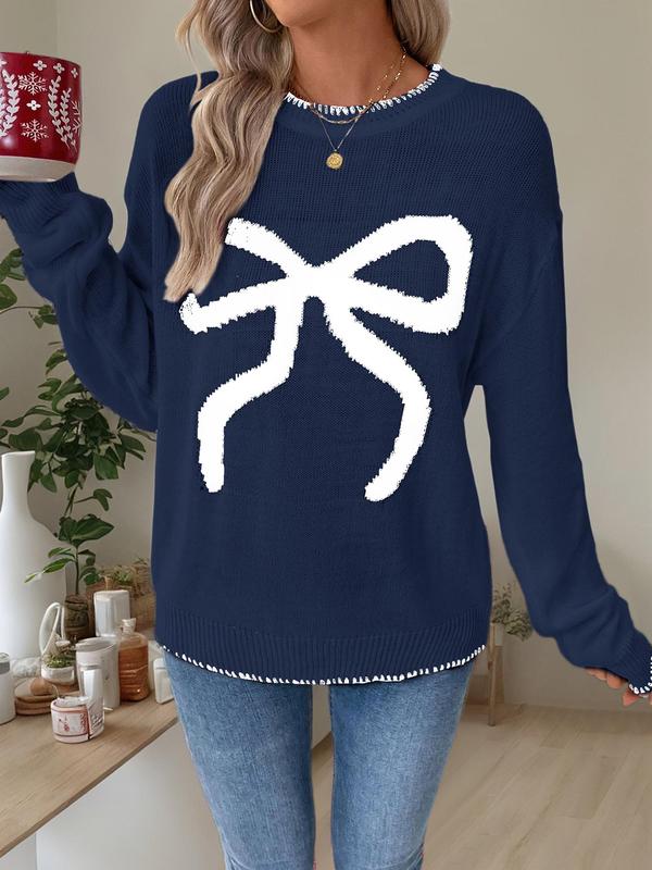 Women's Bow Print Drop Shoulder Sweater, Casual Long Sleeve Round Neck Jumper for Fall & Winter, Ladies' Knitwear for Christmas Daily Wear