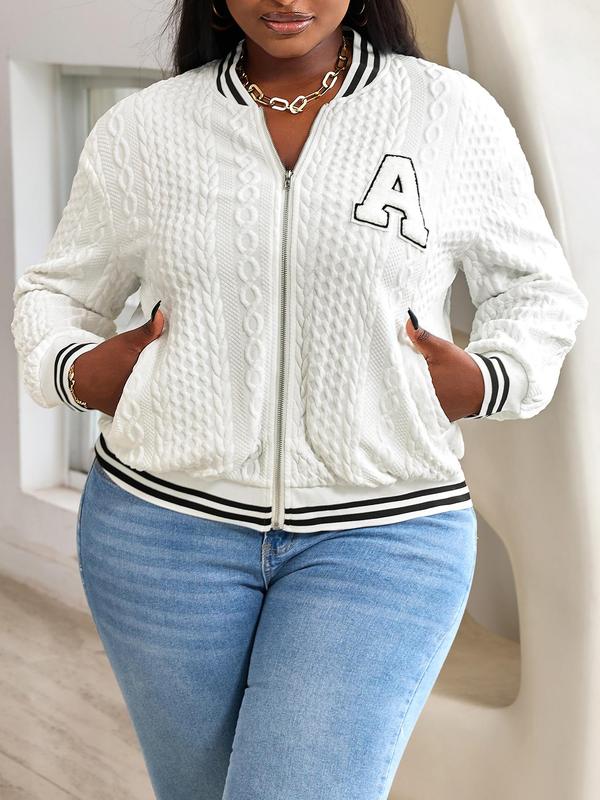 Black Friday Deals CURVZY Plus Size Letter Patched Textured Drop Shoulder Zip Up Coat, Casual Long Sleeve Pocket Baseball Collar Outerwear for Fall & Winter,Black friday haul,Christmas 2024 Trend,Thanksgiving Clothing,Fall Clothing,Winter Clothing