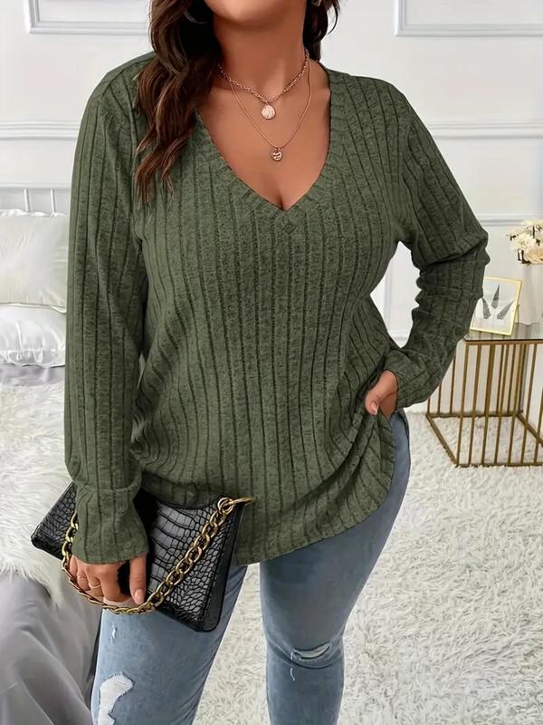 Plus Size Solid Long Sleeve Tee, Casual Comfy V Neck Top for Fall Daily Outdoor Wear, Women Plus Clothing for Fall , Fall Outfits 2024, Fall Outfits, Earthtone Fallfreshness Downtown Girl Clothes Downtown Girl Clothes