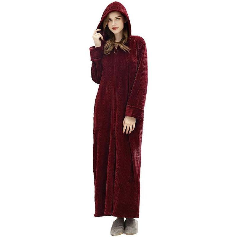 Robes for Women, Womens Hooded Plush Robe Zip up Front Long Fleece Bathobe for Women with Pocket, House Coat Moomoo Nightgowns Loungewear Sleepwear for Elderly Women Gift