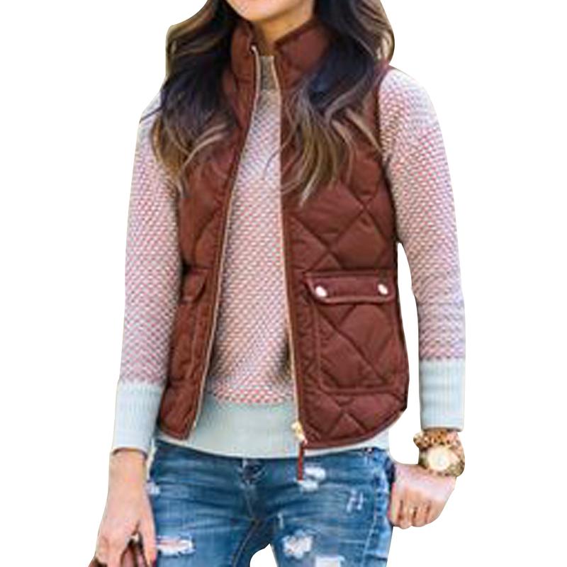 Women Casual Winter Sleeveless Plaid Zip Jacket Warm Waistcoat Black Brown Navy Blue Khaki Army Green