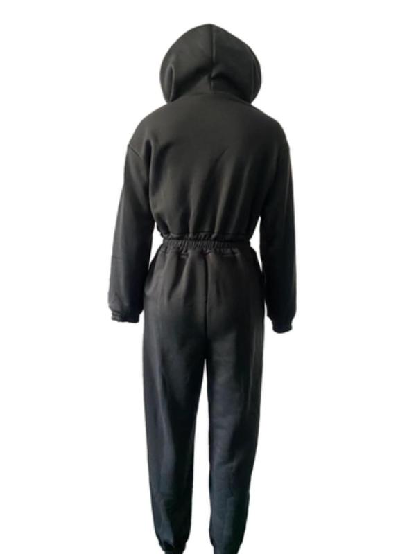 Women's Solid Zip Up Hooded Jumpsuit, Casual Drop Shoulder Long Sleeve Jumpsuit for Fall & Winter, Women's Clothes for Daily Wear