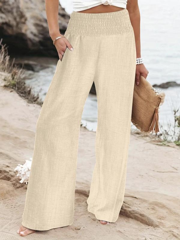 Women's Plain Shirred High Waist Wide Leg Pants, Fall Outfits, Casual Comfy Trousers for Daily Wear, Summer Outfits 2024, Summer Clothes, Ladies Summer Bottoms for All Seasons