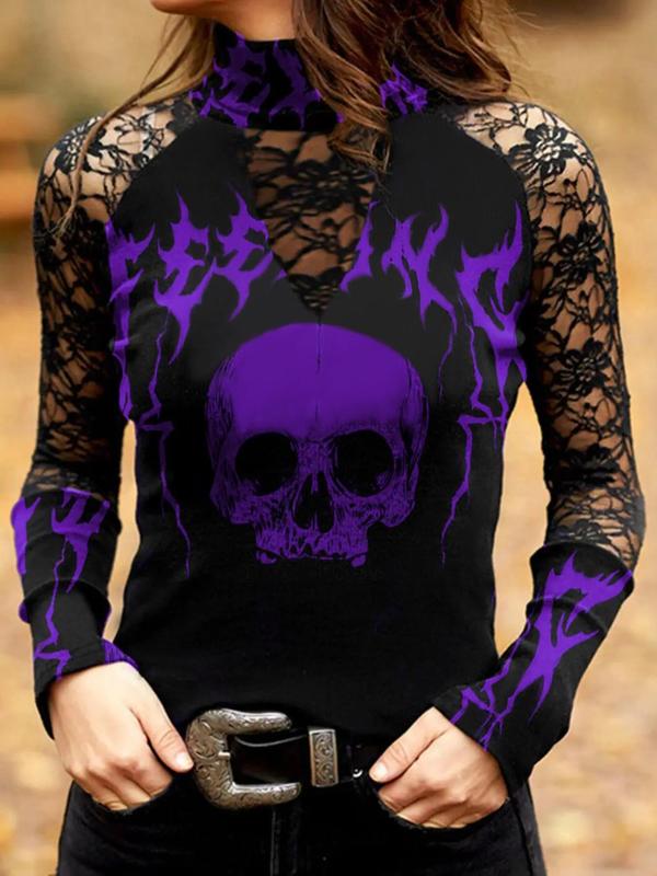 Women's Skull Print Contrast Lace High Neck Tee, Punk Fashion Casual 2000s Y2K Raglan Sleeve T-shirt For Halloween Daily Holiday Vacation Outdoor Wear, Women Clothing For Spring Fall