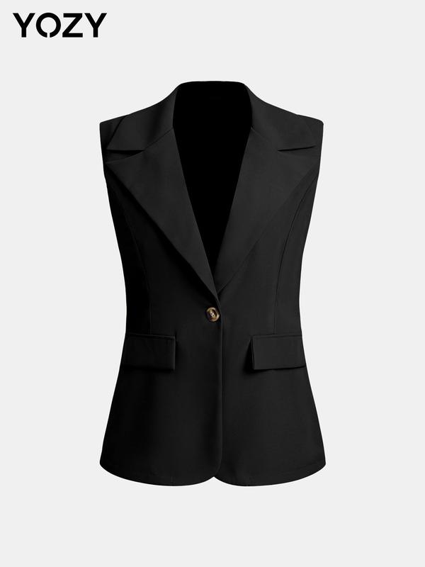 YOZY [size 4-14] Solid Button Front Lapel Collar Blazer Vest  Elegant Fashion Casual Sleeveless Outerwear, 2024 Women's Summer Outfits for Daily Outdoor Wear, [S-XXL]