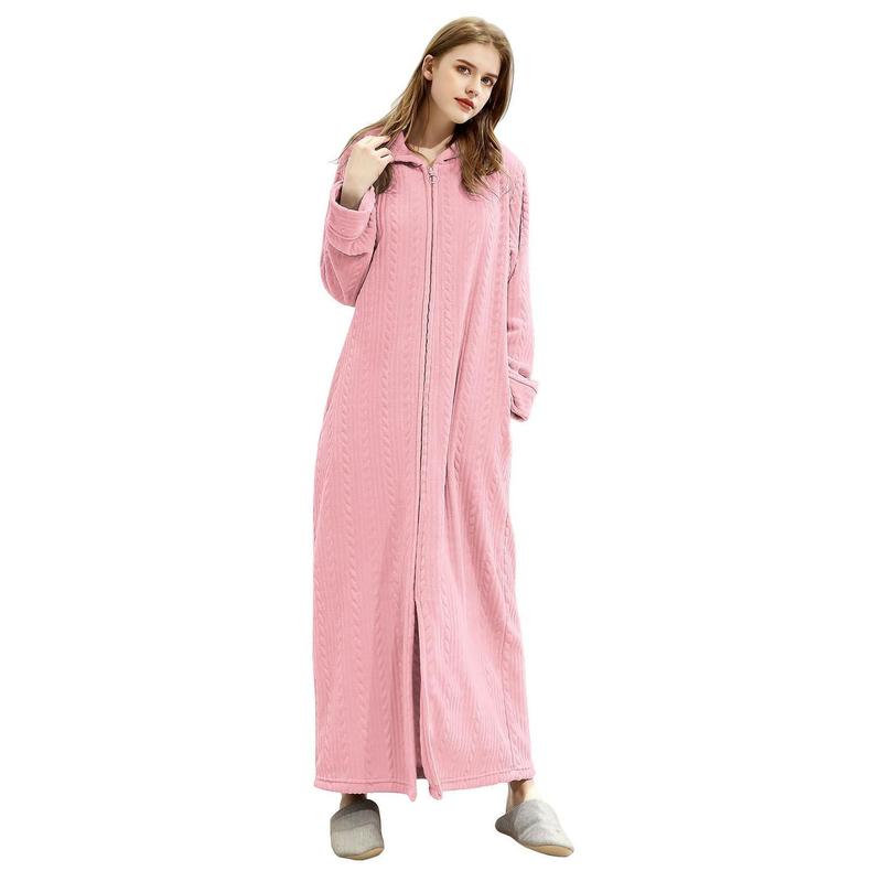 Robes for Women, Womens Hooded Plush Robe Zip up Front Long Fleece Bathobe for Women with Pocket, House Coat Moomoo Nightgowns Loungewear Sleepwear for Elderly Women Gift