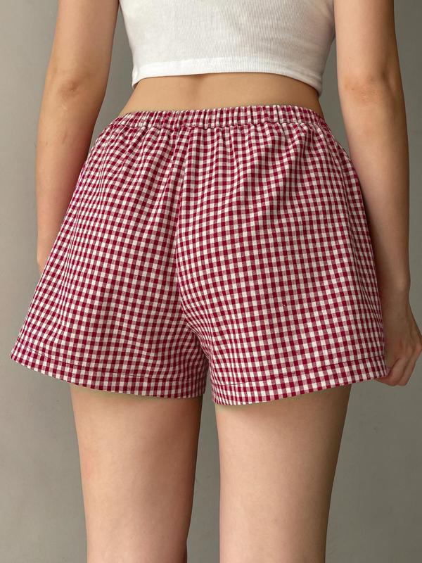 Women's Gingham Print Elastic Waist Shorts, Casual Bow Decor Pocket Design Shorts for Summer, Shorts for Women, Ladies Bottoms for Daily Wear