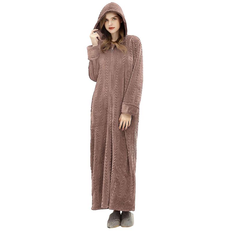 Robes for Women, Womens Hooded Plush Robe Zip up Front Long Fleece Bathobe for Women with Pocket, House Coat Moomoo Nightgowns Loungewear Sleepwear for Elderly Women Gift