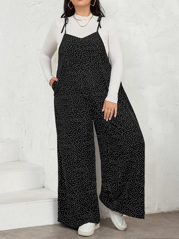 CURVZY Plus Size Polka Dot Print Pocket Wide Leg Jumpsuit, Casual Sleeveless Spaghetti Strap Jumpsuit for Daily Wear, Women's Clothing for All Seasons