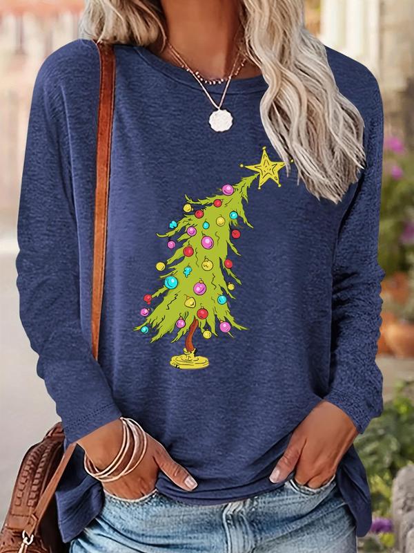 Women's Christmas Tree Print Drop Shoulder Tee, Casual Long Sleeve Round Neck Pullover for Fall & Winter, Ladies Clothes for Daily Wear