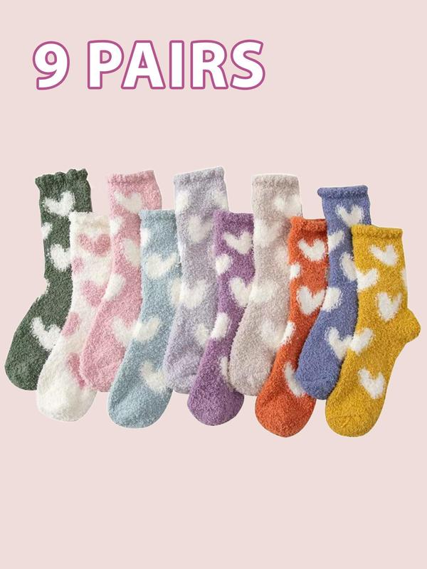 Women's Heart Print Fuzzy Crew Socks, Casual Soft Comfy Thermal Mid-calf Socks for Fall & Winter, Women's Socks for Daily Wear