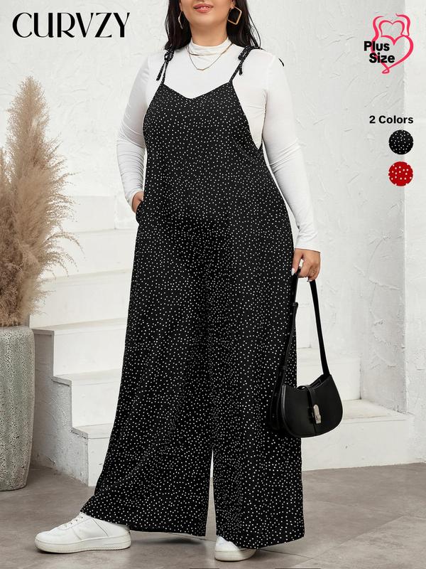 CURVZY Plus Size Polka Dot Print Pocket Wide Leg Jumpsuit, Casual Sleeveless Spaghetti Strap Jumpsuit for Daily Wear, Women's Clothing for All Seasons