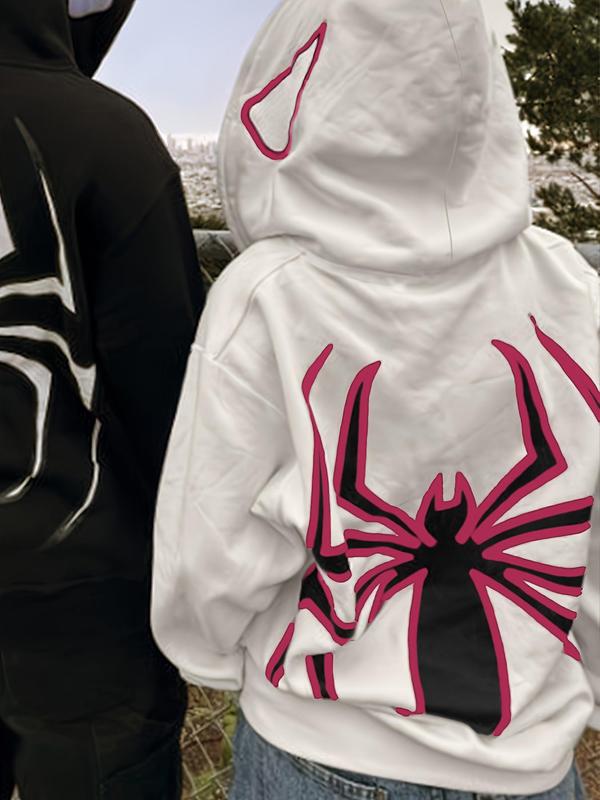 Women's Spider Print Zip Up Drop Shoulder Hoodie, Fashion Casual Halloween Letter Print Kangaroo Pocket Hooded Sweatshirt for Daily Holiday Outdoor Wear, Women Clothing, Graphic Hoodie, Fall Tops 2024, Birthday Gifts