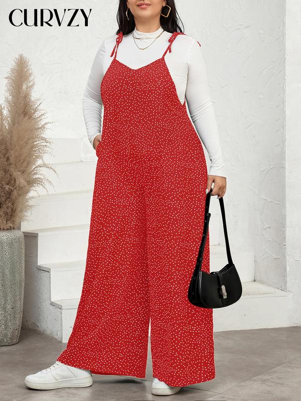 CURVZY Plus Size Polka Dot Print Pocket Wide Leg Jumpsuit, Casual Sleeveless Spaghetti Strap Jumpsuit for Daily Wear, Women's Clothing for All Seasons