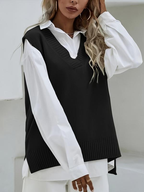 Women's Plain Split Hem V Neck Sweater Vest, Casual Sleeveless Knit Top for Daily Wear, Ladies Clothes for All Seasons