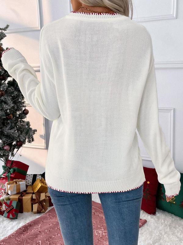 Women's Bow Print Drop Shoulder Sweater, Casual Long Sleeve Round Neck Jumper for Fall & Winter, Ladies' Knitwear for Christmas Daily Wear