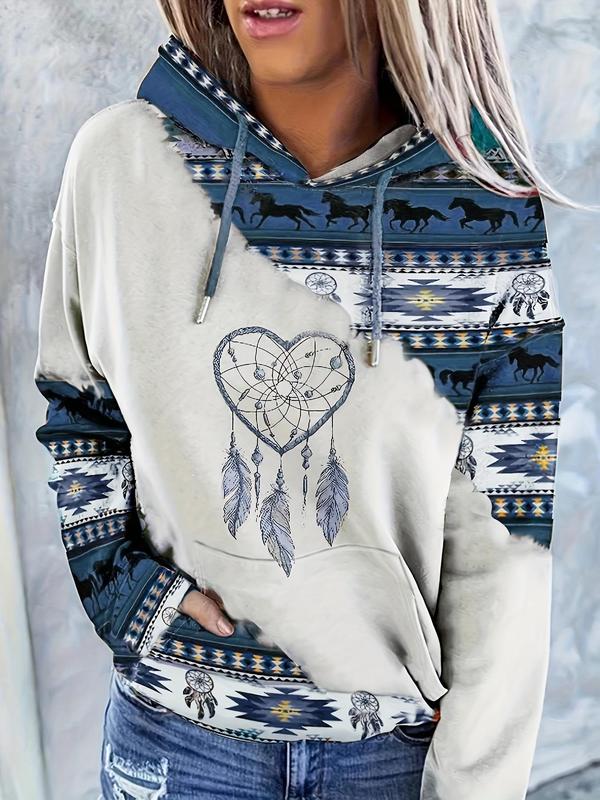 Women's Feather & Heart & Ethnic Pattern Drop Shoulder Hoodie, Fashion Casual Drawstring Kangaroo Pocket Hooded Sweatshirt for Daily Holiday Outdoor Wear, Ladies Clothes for Spring & Fall