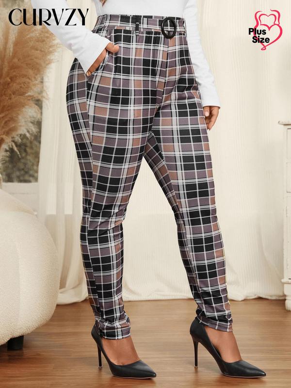 CURVZY Christmas Deals, Plus Size Plaid Print Pocket Buckle Decor Pants, Casual Comfy Trousers for Women, Women's Bottoms for Fall & Winter, Christmas 2024 Trend, Fall & Winter Clothes