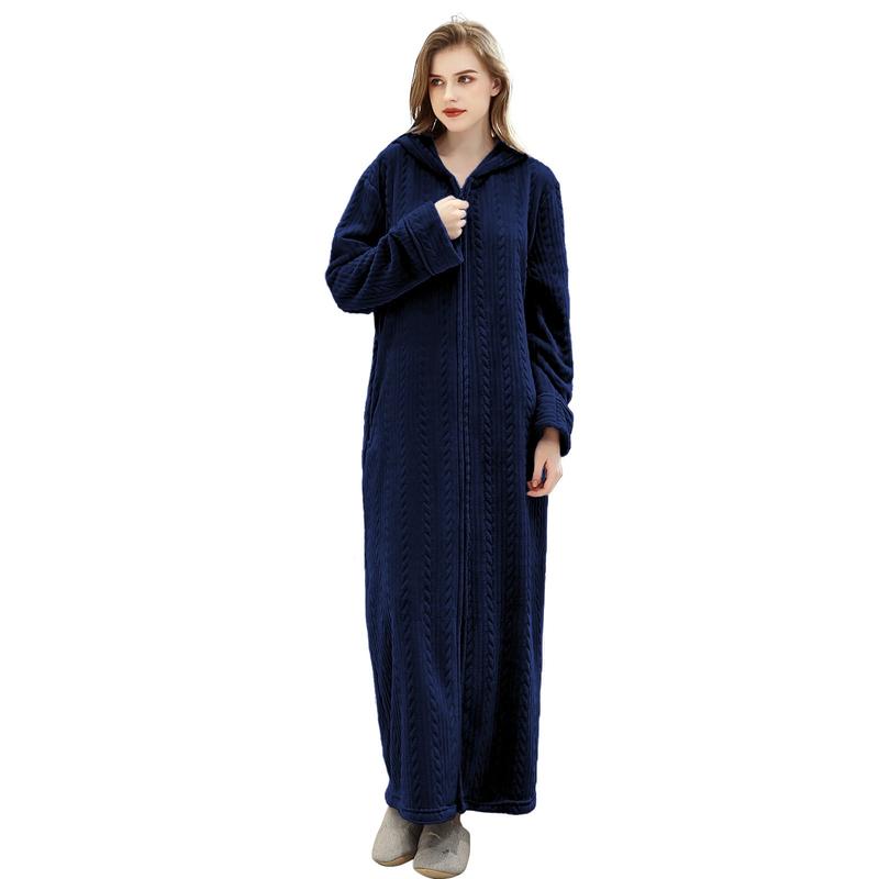 Robes for Women, Womens Hooded Plush Robe Zip up Front Long Fleece Bathobe for Women with Pocket, House Coat Moomoo Nightgowns Loungewear Sleepwear for Elderly Women Gift