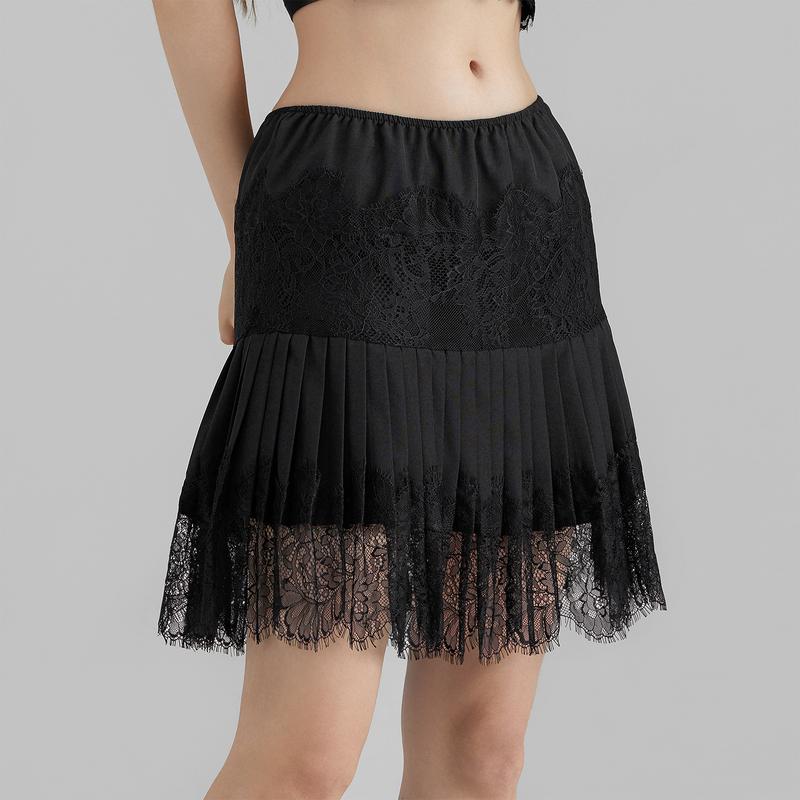 Women Y2k Lace Half Slip Skirt Low Rise Pleated Ruffle LaceTrim Mini Skirt Layered Flowy Short Skirts Underskirt