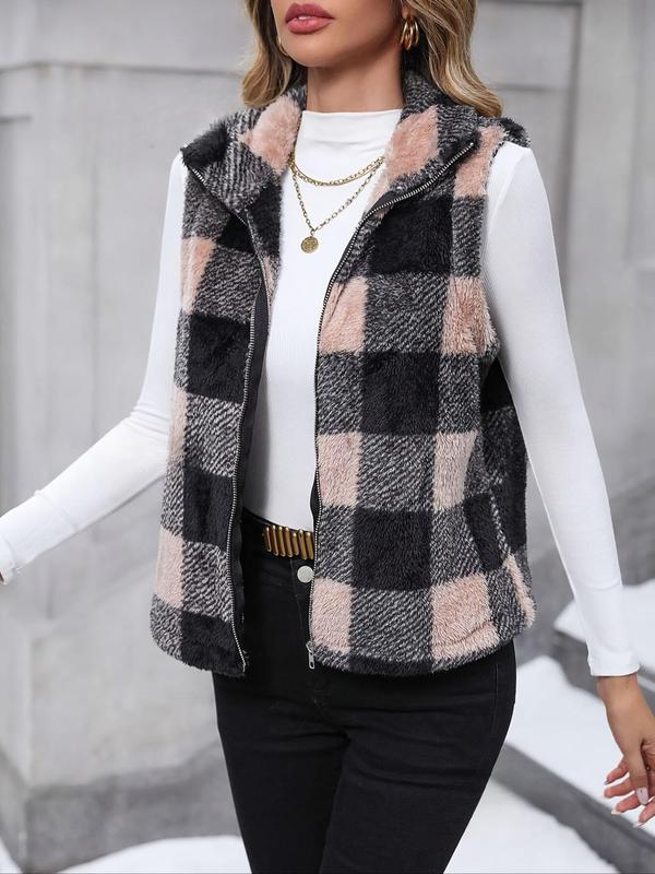 Women's Plaid Print Funnel Neck Zip Up Vest Coat, Casual Sleeveless Outerwear for Fall & Winter, Ladies Clothes for Daily Wear