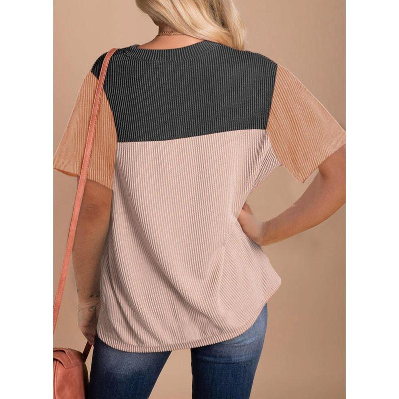 Dokotoo Womens Color Block Fashion Short Sleeve Crewneck Knitted Spring Summer Casual Loose T Shirts Tops