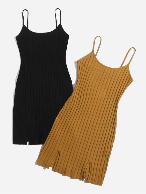 Women's Plain Split Cami Nightdress, Casual Sleeveless Rib Knit Cami Nightgown for Daily Home Wear, Summer Sleepwear Loungewear Set for Ladies