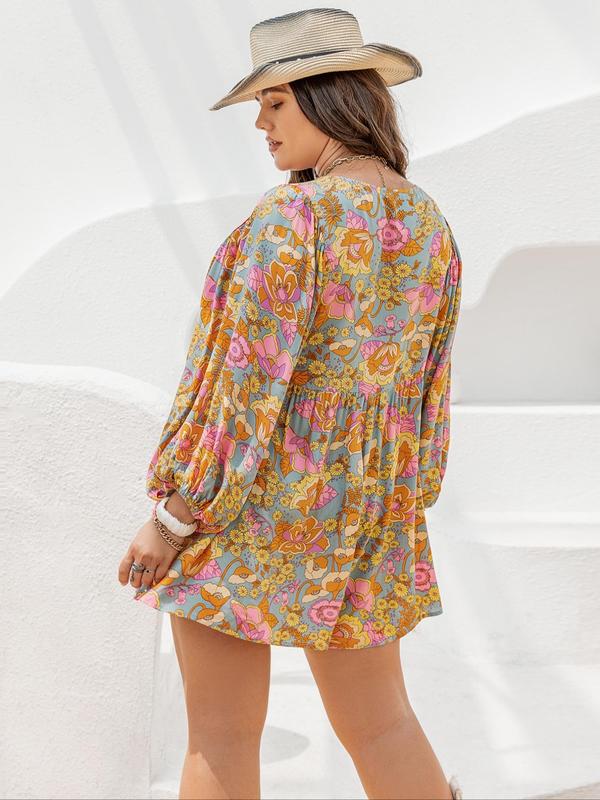  Floral Print Fake Buttons Vintage Rompers Jumpsuit, Fall Outfits, Fallfreshness Boho Tie Neck Lantern Sleeve Jumpsuit, Romper Dress for Women, Non Bodycon Dress for Beach Vacation, Plus Size Women's Clothing for Fall Black Girl Outfits