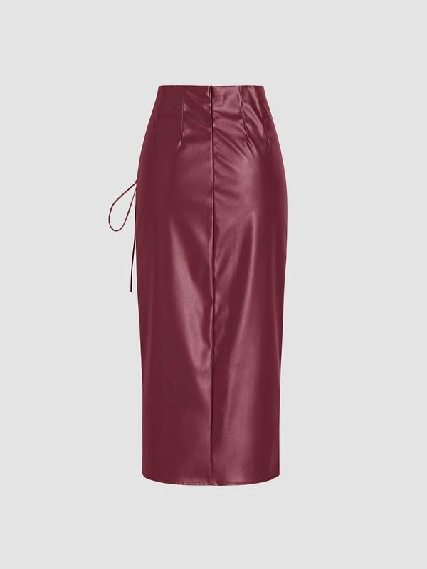 Women's Ruched Drawstring Split Thigh PU Leather Skirt, Fashion Casual High Waist Long Skirt for Daily Wear, Women's Bottoms for Spring & Fall