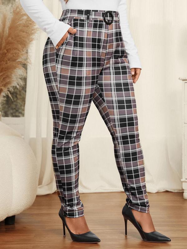 CURVZY Christmas Deals, Plus Size Plaid Print Pocket Buckle Decor Pants, Casual Comfy Trousers for Women, Women's Bottoms for Fall & Winter, Christmas 2024 Trend, Fall & Winter Clothes