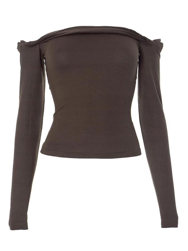 Women's Plain Twist Off Shoulder  Crop Tee, Casual Long Sleeve T-shirt for Fall & Winter, Women's Clothing for Daily Wear