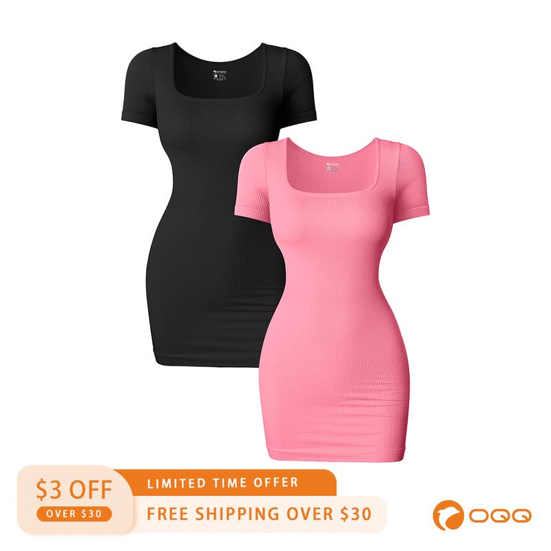 OQQfitness Womenswear Short Sleeve Square Neck Bodycon Dress Lady Summer Casual Wear