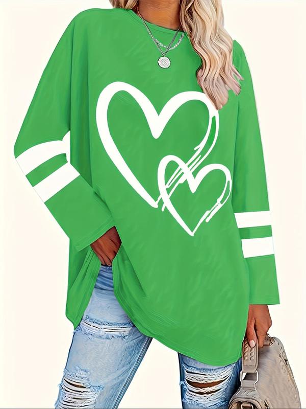  Heart & Striped Print Long Sleeve Tee, Graphic Tees, Casual Round Neck T-shirt for Spring & Fall, Women's Clothing for Daily Wear