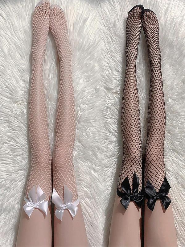 Women's Plain Bow Decor Contrast Lace Sheer Knee-High Socks, Fashionable Comfy Breathable Hollow Out Fishnet Over Knee Socks for Daily Wear, Ladies Socks for All Seasons