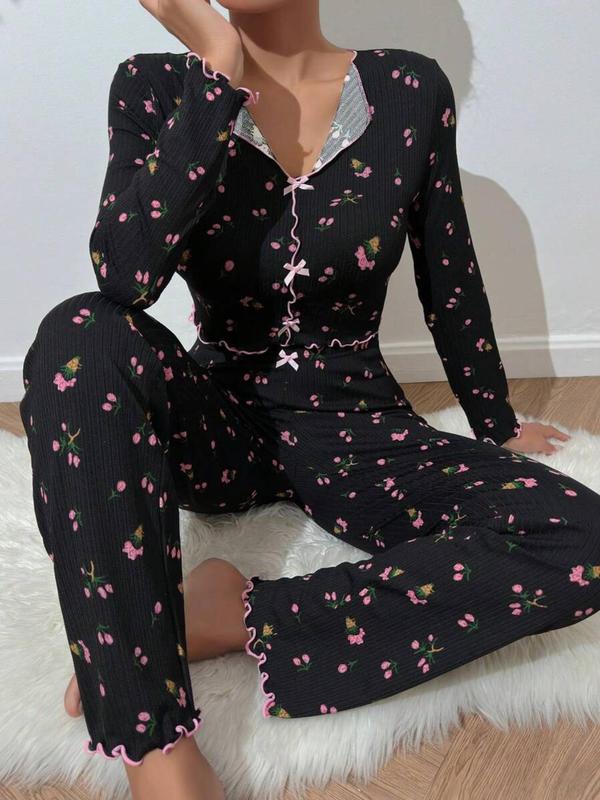 Two-Piece Set Women's All Over Print Lettuce Trim Button Front Pajama, Casual Comfy Long Sleeve V Neck Top & Pants PJ Set, Women's Sleepwear for Spring & Fall