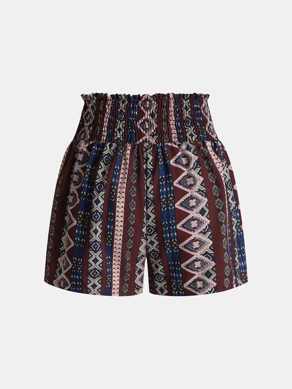 YOZY Women's Ethnic Pattern Shirred High Waist Shorts, Boho Casual High Rise Shorts for Beach Vacation Holiday, Ladies Summer Bottoms