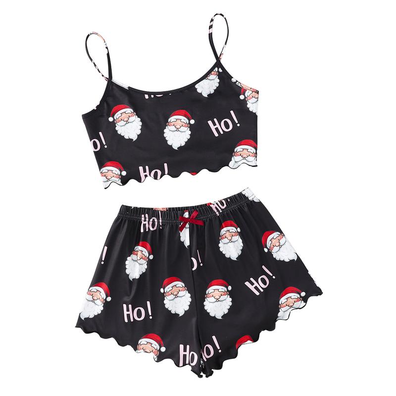 Pajama set for women,Cute Soft Comfy Pyjama Lounge Set, Cartoon Print Tank Top & Bow Front Shorts Pajama Set, Scallop Trim Crop Camisole & Elastic Waist Bottoms Lounge Co-ord Set,Girlfriend Gift Bundle, Gifts For Her