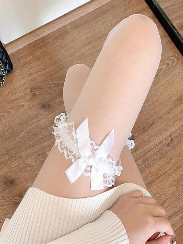 Women's Plain Bow Decor Contrast Lace Sheer Knee-High Socks, Fashionable Comfy Breathable Hollow Out Fishnet Over Knee Socks for Daily Wear, Ladies Socks for All Seasons