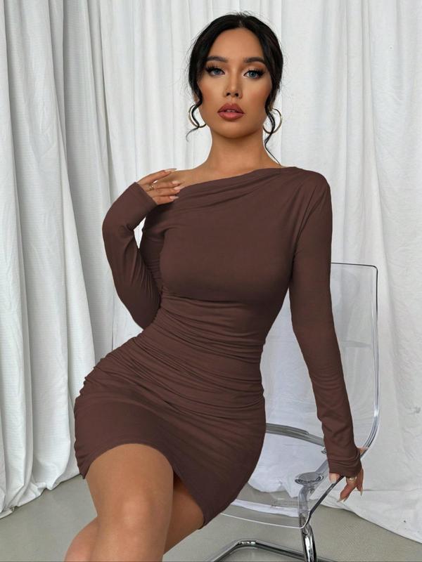 Women's Plain Ruched Asymmetrical Neck Bodycon Dress, Elegant Long Sleeve Short Dress for Party Club Dating Wear, Women's Clothing for Spring & Fall