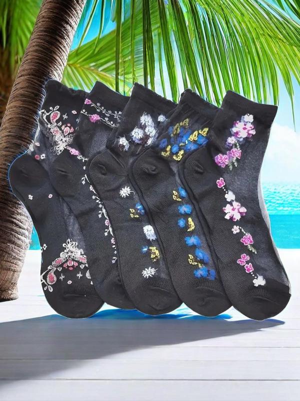 Women's 5 Pairs Floral Pattern Sheer Contrast Mesh Frill Crew Socks, Summer Wear 2024, Comfy Breathable Mid-calf Socks for Daily Wear, Women's Socks for Spring & Fall