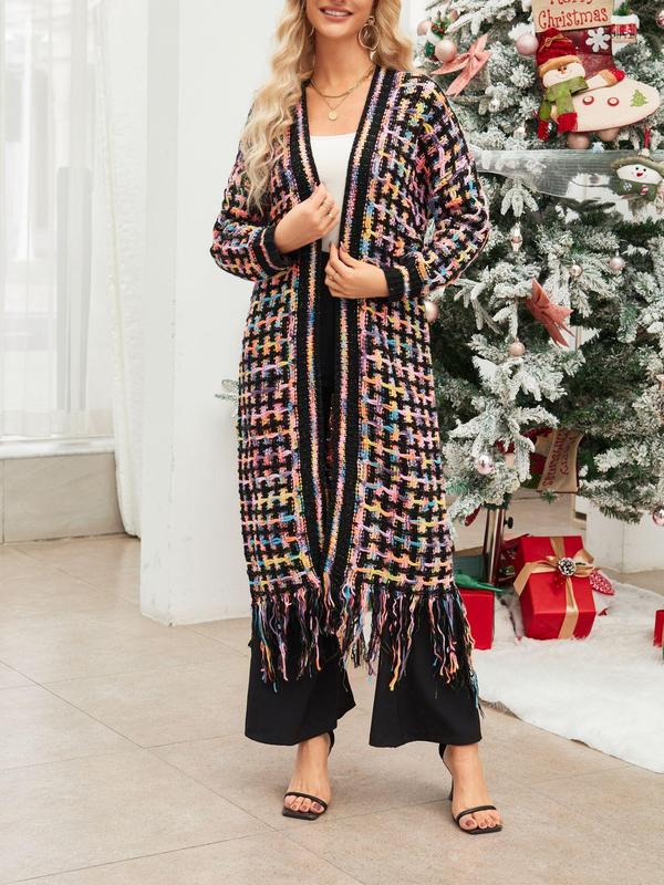 Women's All Over Print Fringe Trim Drop Shoulder Cardigan, Long Knitted Coat for Women, Fall Sweaters, Long Sleeve Open Front Knitwear for Fall & Winter, Fall Outfits 2024, Knit Fall Clothing Women 2024 Utah Girl Fits 80S