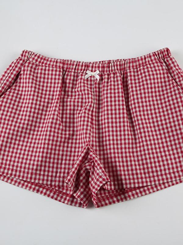 Women's Gingham Print Elastic Waist Shorts, Casual Bow Decor Pocket Design Shorts for Summer, Shorts for Women, Ladies Bottoms for Daily Wear