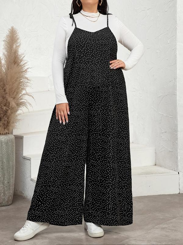 CURVZY Plus Size Polka Dot Print Pocket Wide Leg Jumpsuit, Casual Sleeveless Spaghetti Strap Jumpsuit for Daily Wear, Women's Clothing for All Seasons