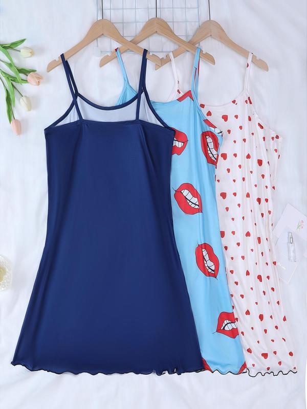 Women's 3pcs Graphic Print Lettuce Trim Cami Nightdress, Casual Soft Comfortable Spaghetti Strap Scoop Neck Nightgown for Summer, Ladies Sleepwear for Daily Wear